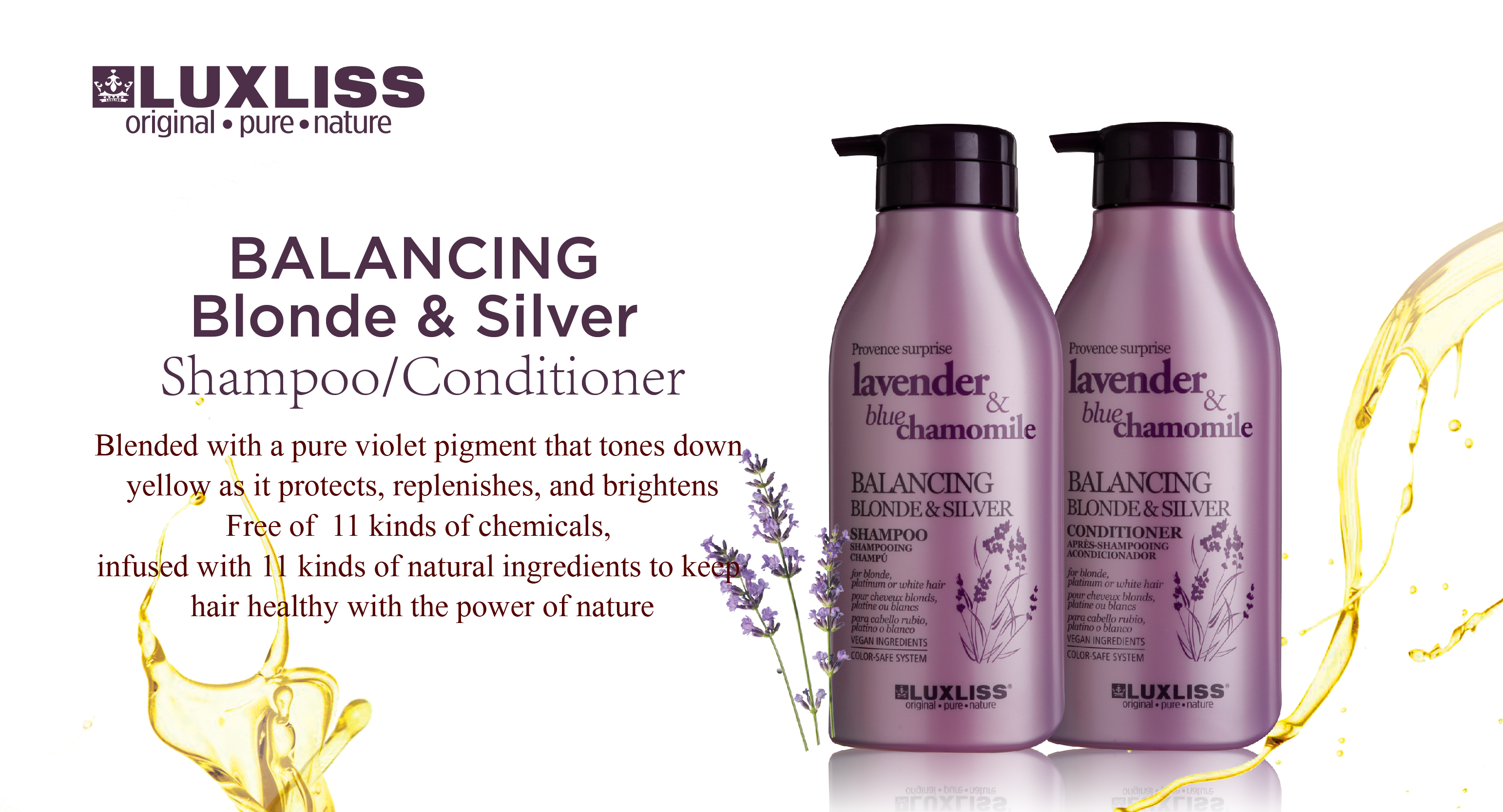 LUXLISS Balancing Blonde &amp; Silver Shampoo And Conditioner Set Lavender Chamomile Natural Herbal Purple Shampoo