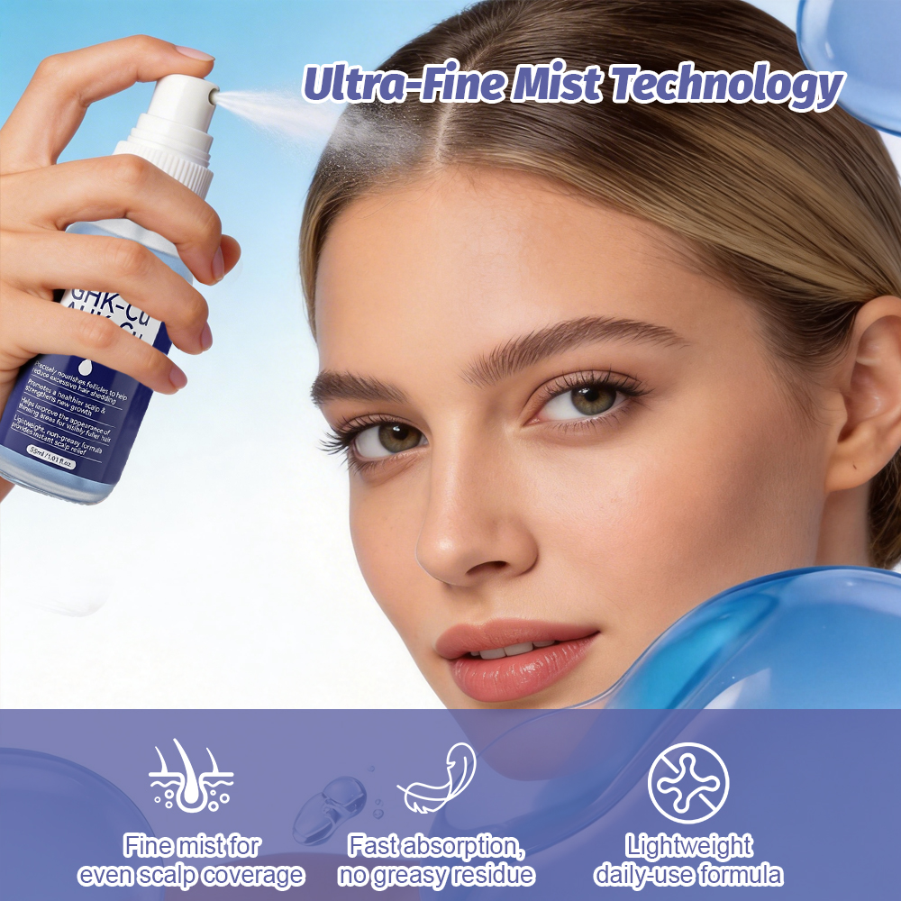 Natural GHK-Cu Copper Peptide Hair Growth Serum With Biotin Herbal Scalp Repair Treatment Paraben Free Hair Care Spray OEM