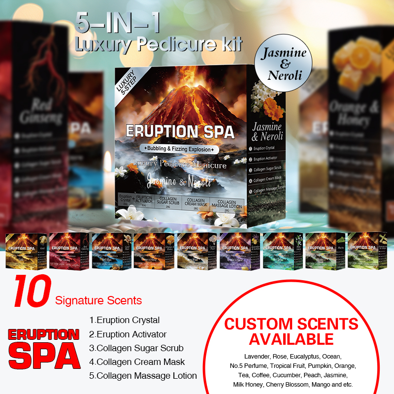 Customized Bubble Eruption Spa Pedicure Kit Long Lasting Fragrance 5 in 1 Crystal Collagen Spa 5 Steps Pedicure Kit in Box