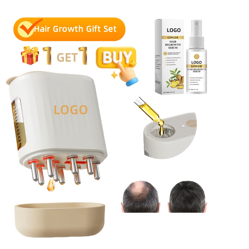Private Label Organic Ginger Hair Oil Tonic Spray Nourishing Moisturizing Scalp Massaging Brush Set 30ml Travel Gift for Head