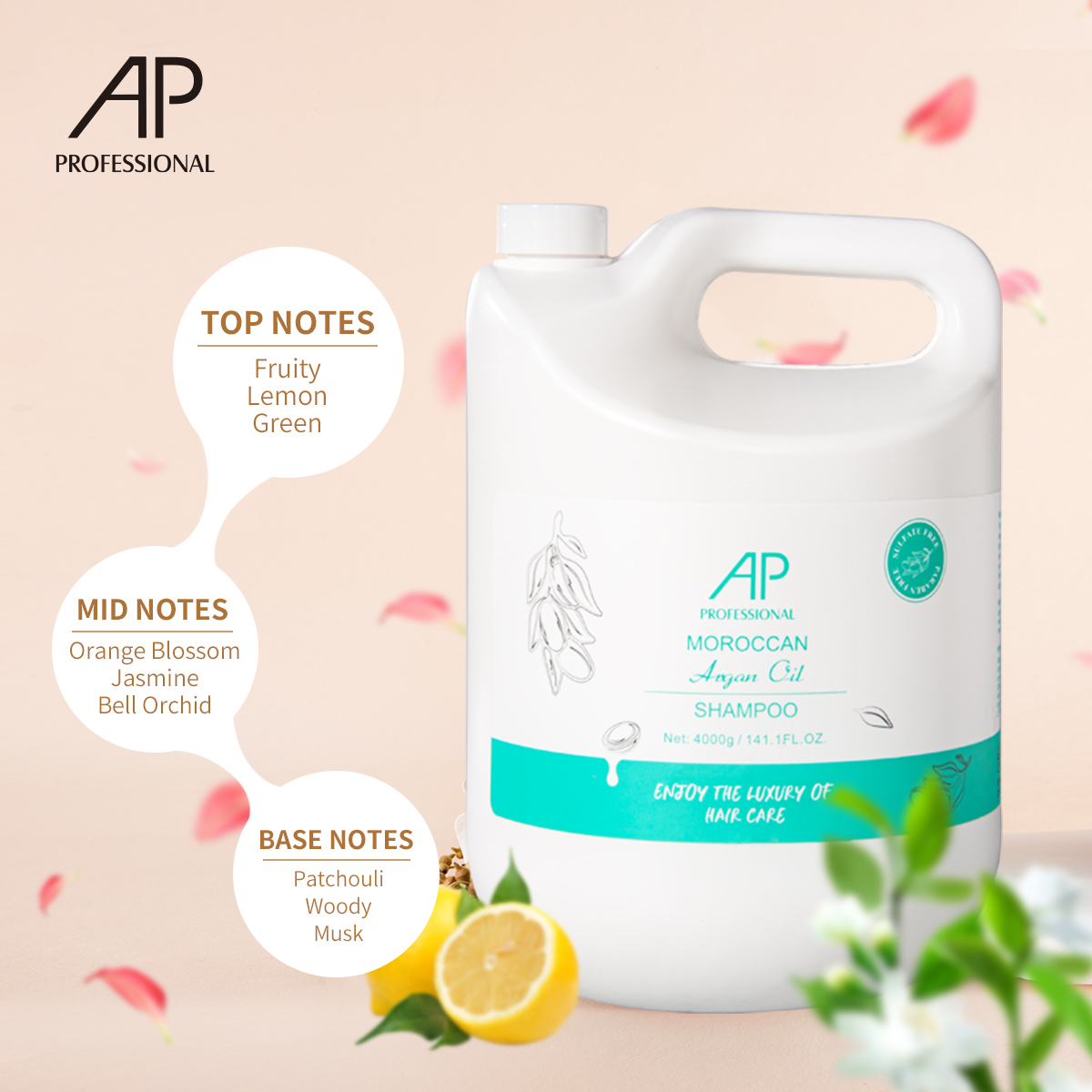 AP Top Selling Private Label Sulfate Free Paraben Free Argan Oil Moisturizing and Nourishing Salon Bulk Gallon Hair Shampoo