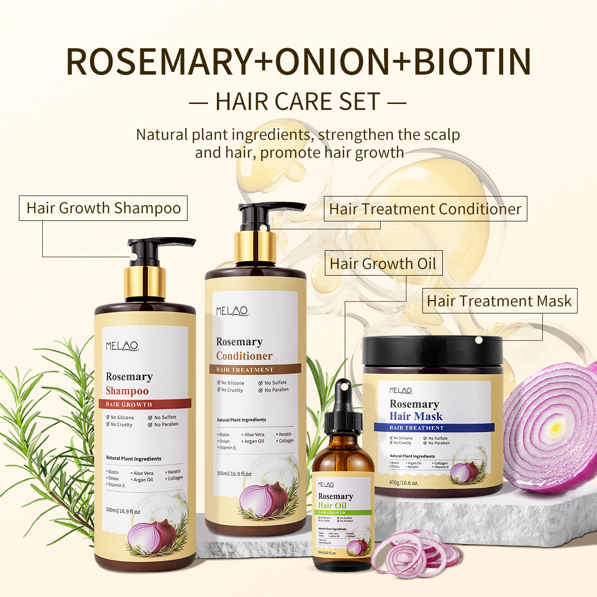 Custom Logo Paraben Free Sulphate Free Salon Herbal Rosemary Biotin Frizzy Hair Growth Red Onion Shampoo Conditioner