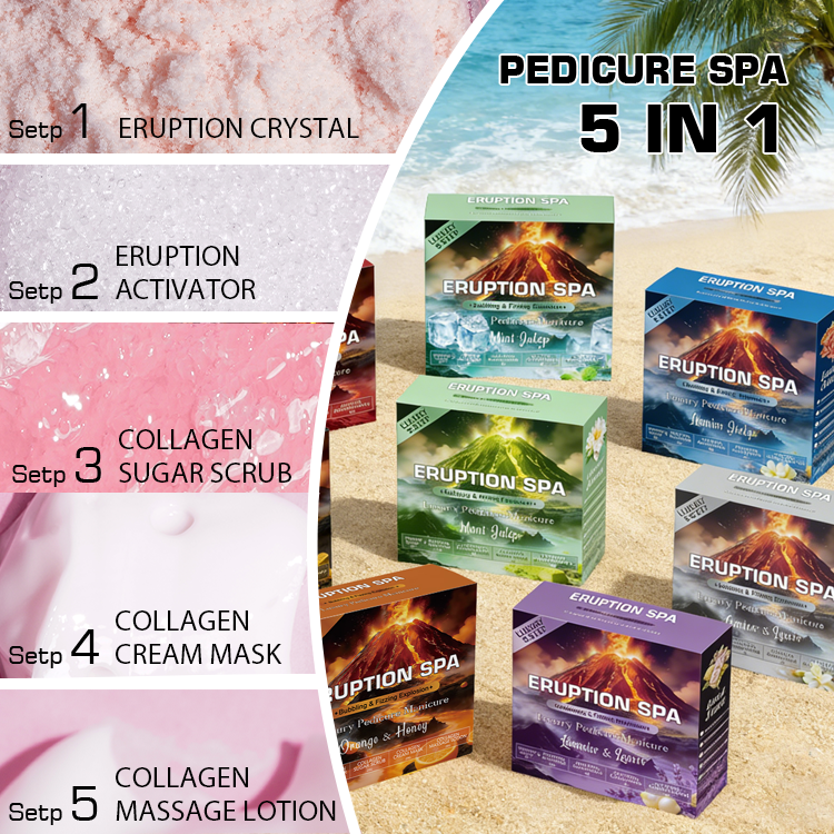 Customized Bubble Eruption Spa Pedicure Kit Long Lasting Fragrance 5 in 1 Crystal Collagen Spa 5 Steps Pedicure Kit in Box