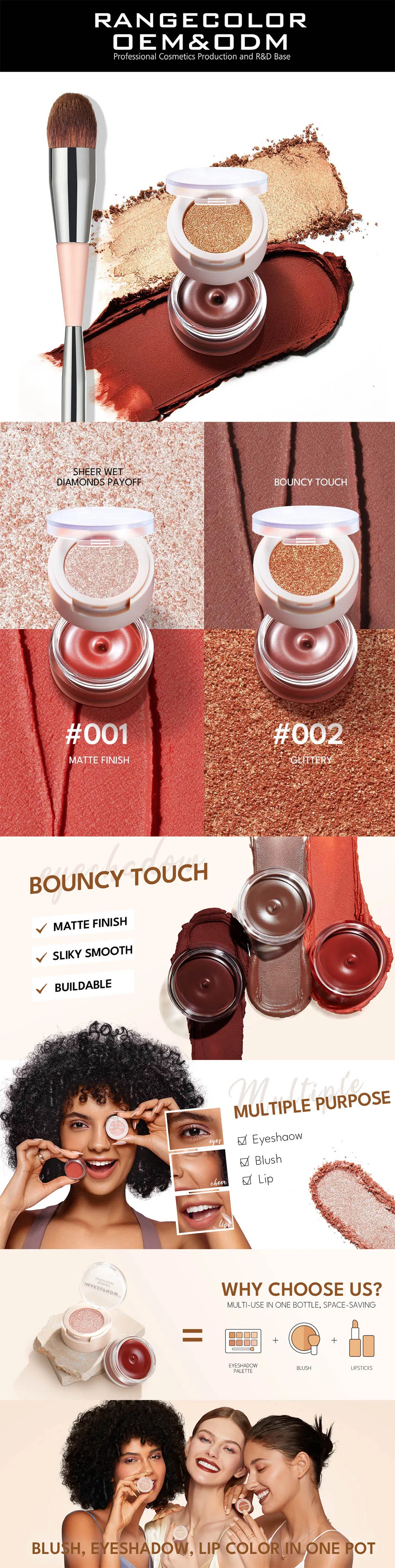 Professional Multi-Used Makeup Eyeshadow Blush Lipstick for Face and Eyes, Cosmetic Kit with Eyeshadow and Brush, Blush with 2 Ends Brush