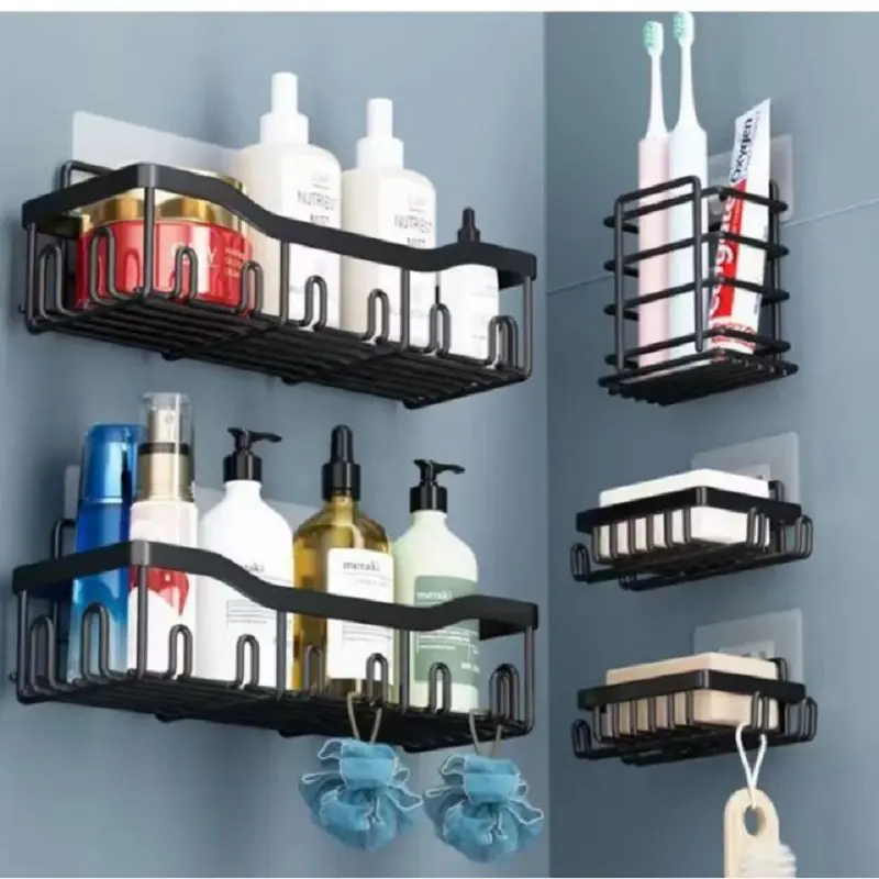 China Non perforated bathroom storage rack iron wall mounted toiletries and storage set Factories, Supplier