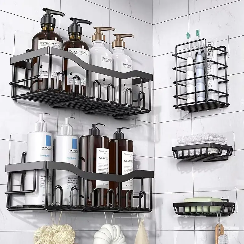 China Non perforated bathroom storage rack iron wall mounted toiletries and storage set Factories, Supplier