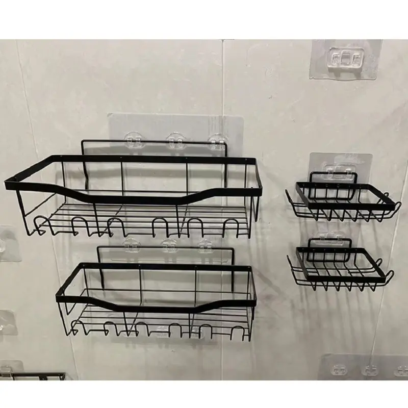 China Non perforated bathroom storage rack iron wall mounted toiletries and storage set Factories, Supplier