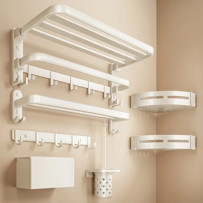 China Bathroom cream white foldable bath towel holder with hooks Factories, Suppliers