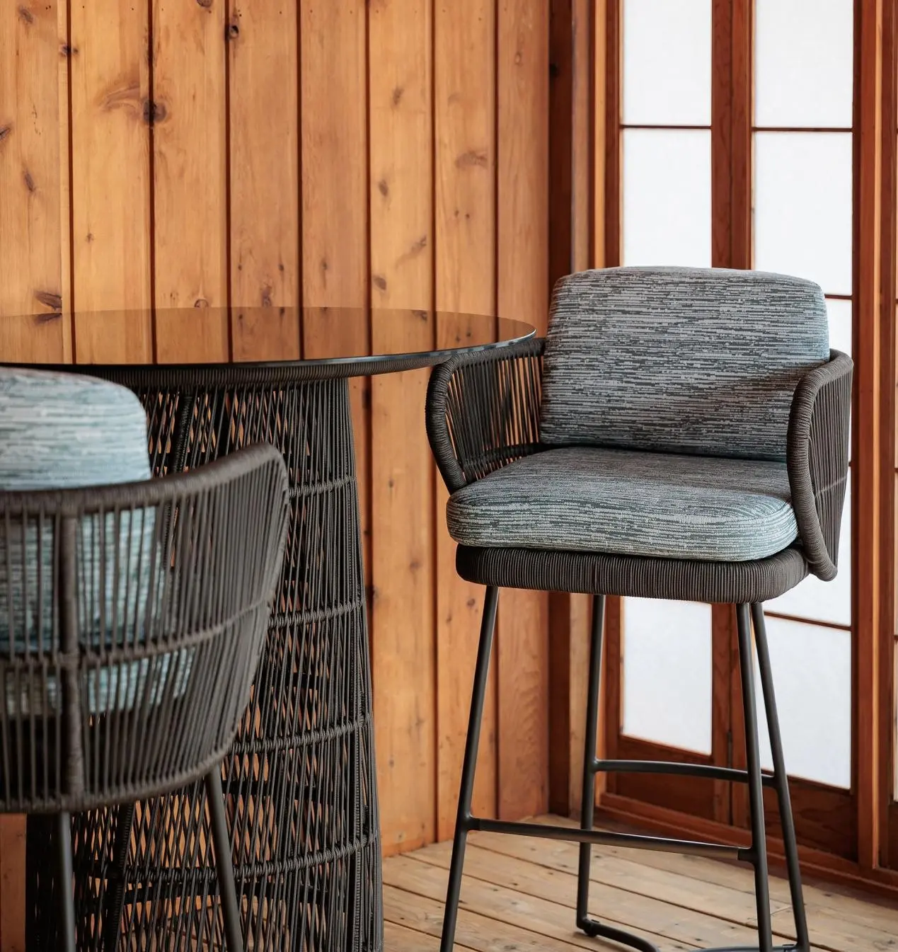 ODM Bar Cafe Aluminum Terrace Rattan High Stool Dining Chair Metal Round Table Combination Supplier, Suppliers
