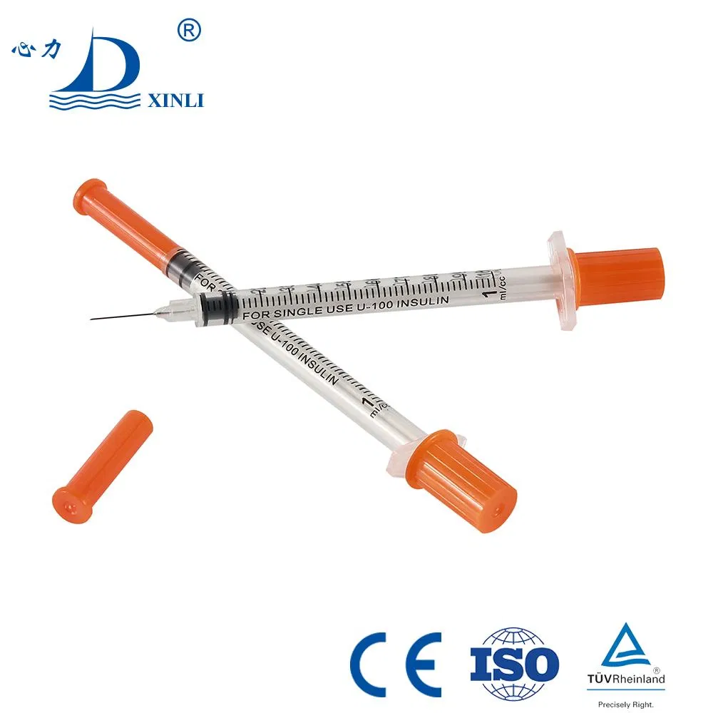 Professional Manufacturer 0.5ml 1ml Disposable Sterile Precisely Graduated Red Orange Cap Insulin Syringe with Fixed Needle