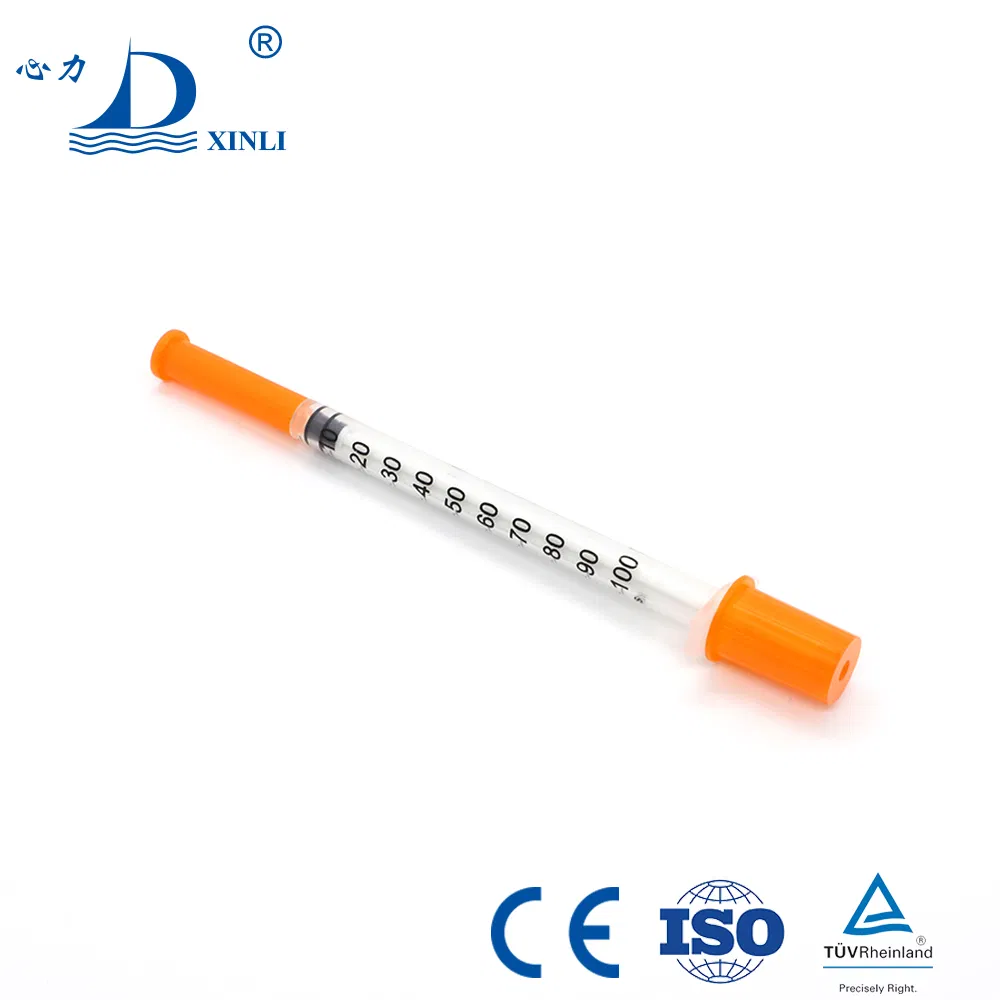 Professional Manufacturer 0.5ml 1ml Disposable Sterile Precisely Graduated Red Orange Cap Insulin Syringe with Fixed Needle