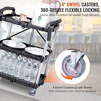 Portable 3-Tier Foldable Service Cart with Wheels Collapsible Design for Hotel &amp; Restaurant Use