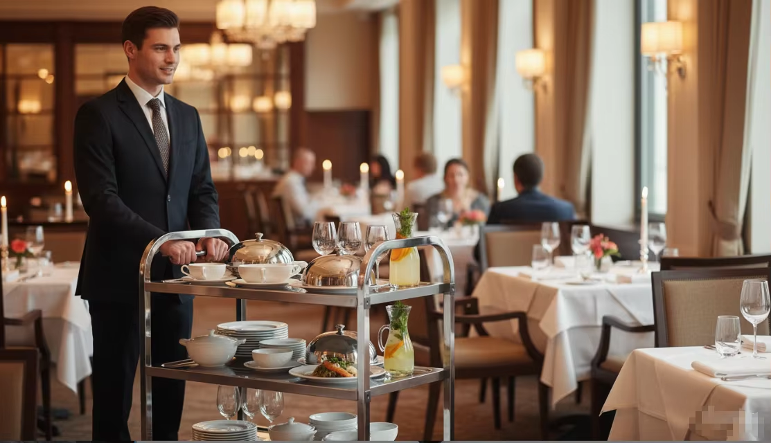 Tailored Stainless Steel Waiter Cart With Multi Tier Trays for Upscale Dining Resorts and Cruise Ship Kitchens