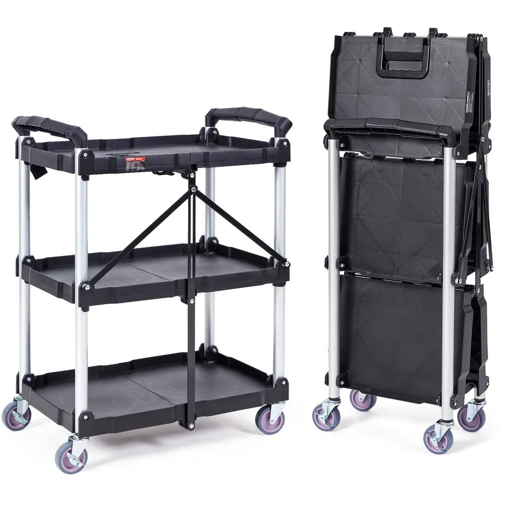 Portable 3-Tier Foldable Service Cart with Wheels Collapsible Design for Hotel &amp; Restaurant Use