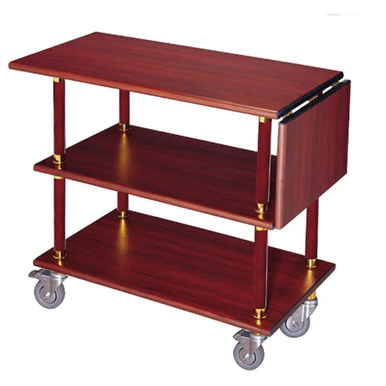 3-Layer Wood Service Hotel Supplies Restaurant Trolley Beverage Dining Cart with Wheels