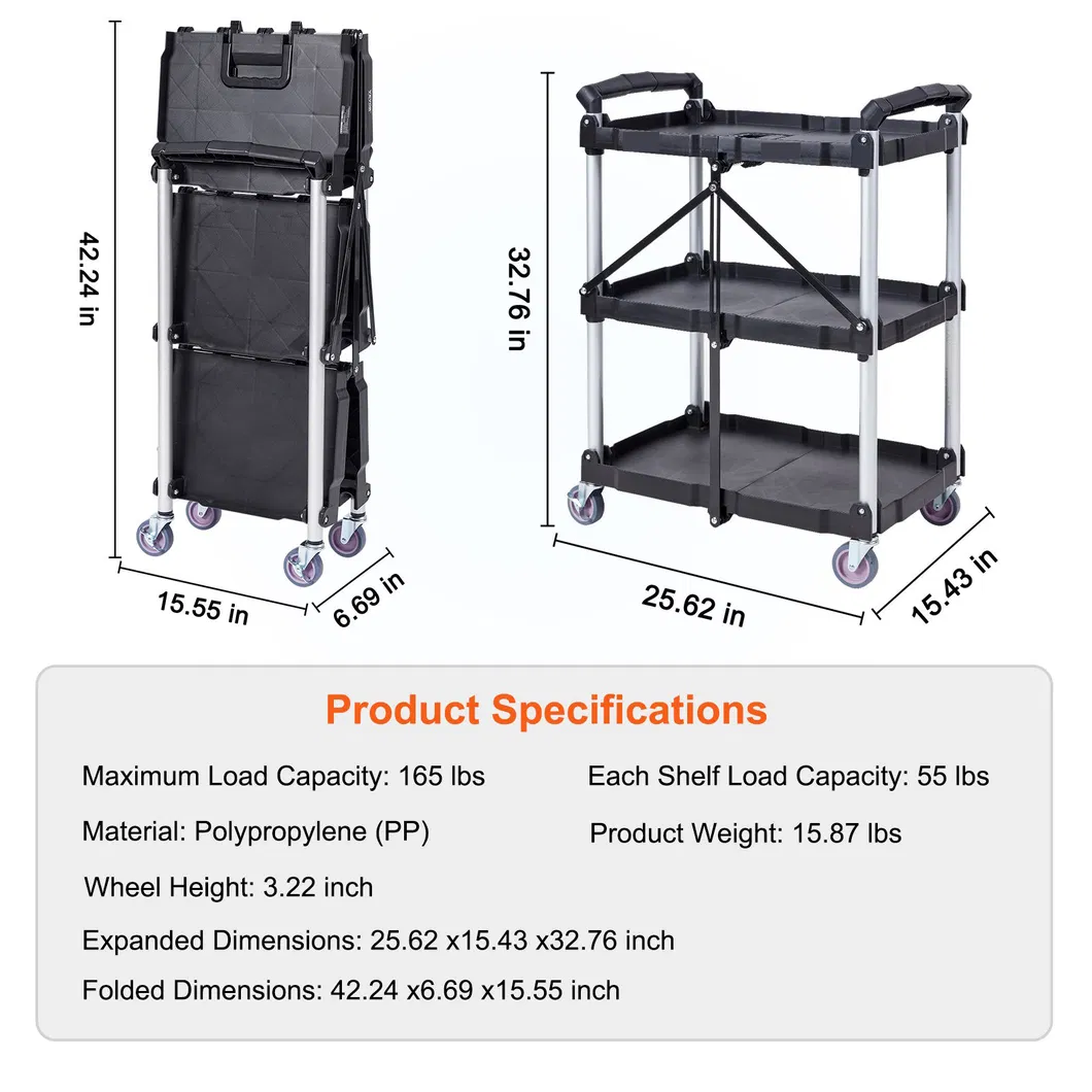 Portable 3-Tier Foldable Service Cart with Wheels Collapsible Design for Hotel & Restaurant Use