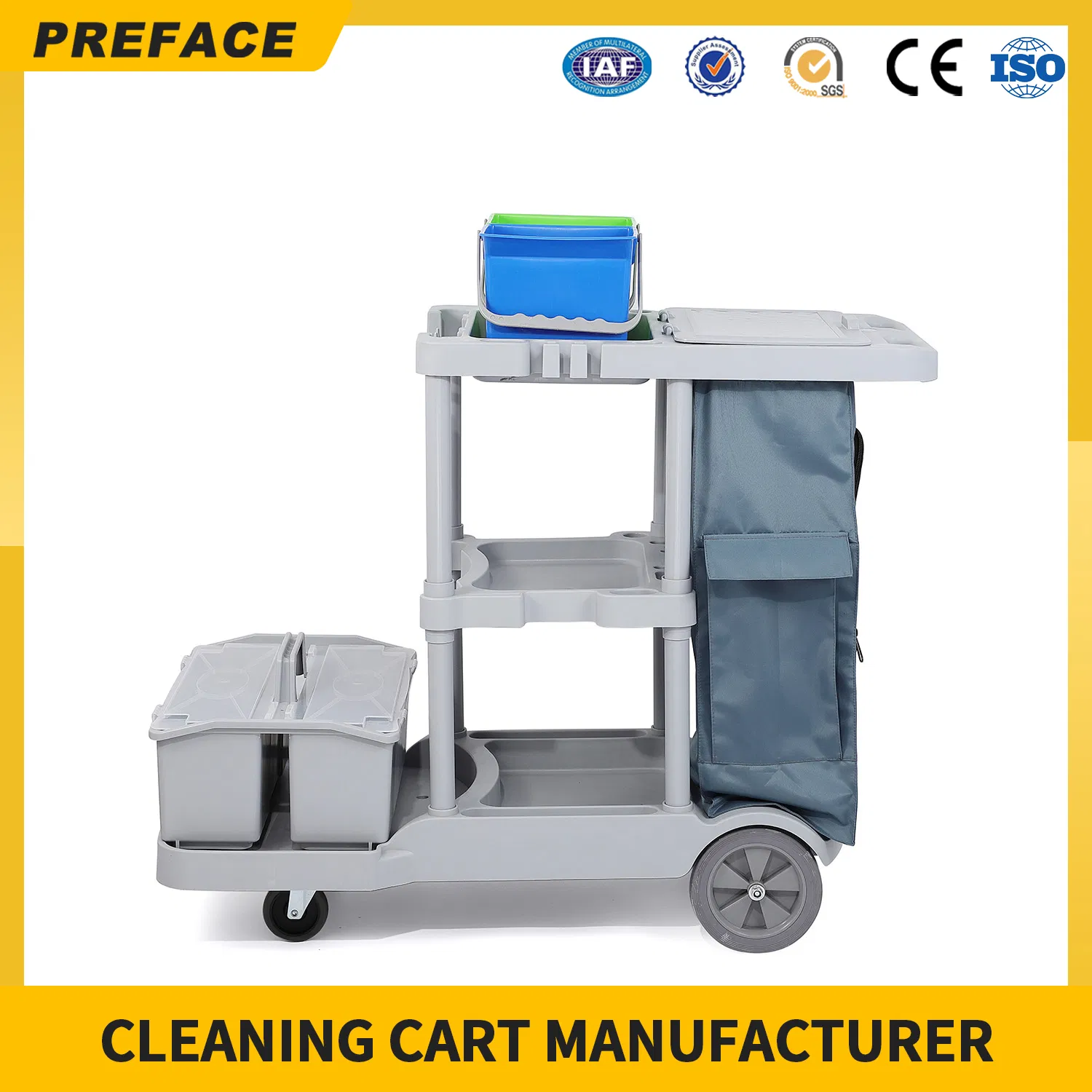 Eco-Friendly Customized High Quality Outdoor Durable Guestroom Hotel Cleaning Service Rolling Janitor Trolley Cart Manufacturer for Sale