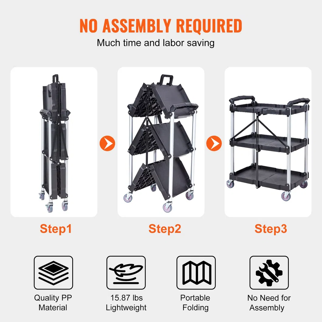 Portable 3-Tier Foldable Service Cart with Wheels Collapsible Design for Hotel & Restaurant Use