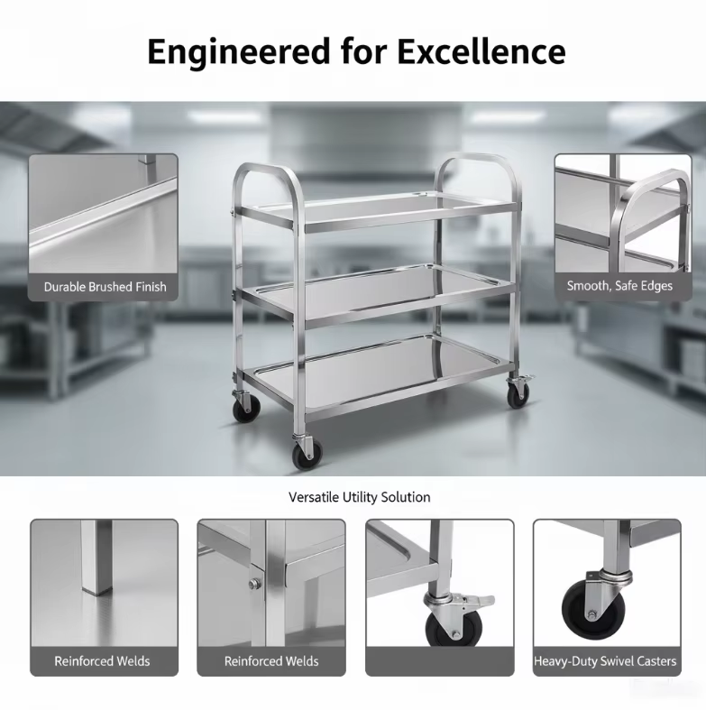 Tailored Stainless Steel Waiter Cart With Multi Tier Trays for Upscale Dining Resorts and Cruise Ship Kitchens
