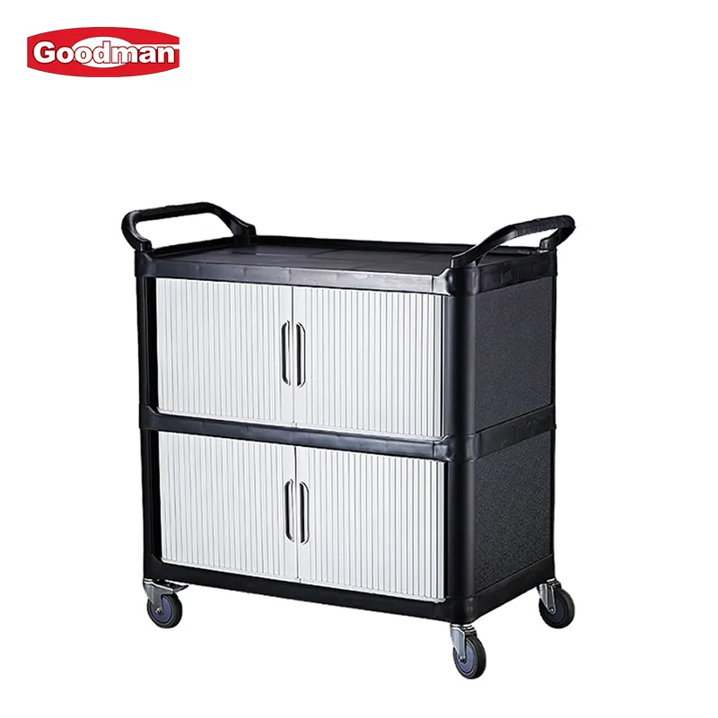 Hotel 3 Tier Rolling Utility Carts Restaurant Plastic Food Service Cart with Doors