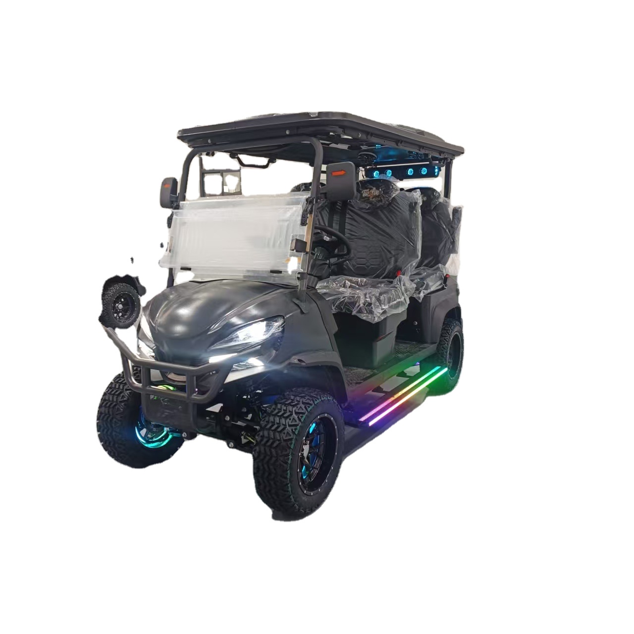 Electric Off-road Golf Cart Tow Hook Winch 5-6 Seats High Strength Steel Frame 70-90km Range 30-50km/h 15-20 Grade Ability