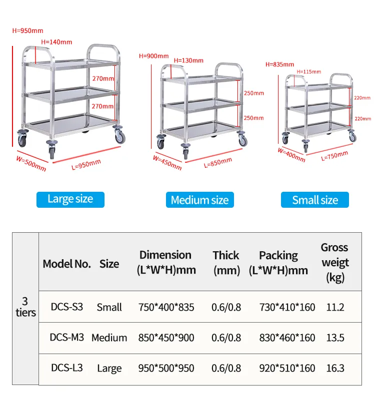 Double Deck Stainless Steel Service Cart Parameters 2