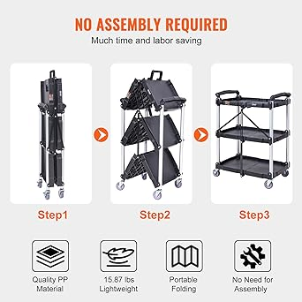 Portable 3-Tier Foldable Service Cart with Wheels Collapsible Design for Hotel &amp; Restaurant Use