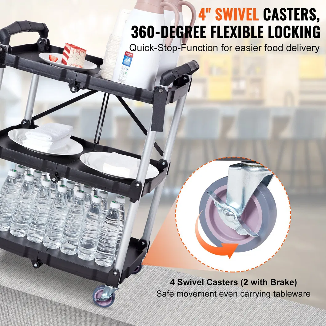 Portable 3-Tier Foldable Service Cart with Wheels Collapsible Design for Hotel & Restaurant Use
