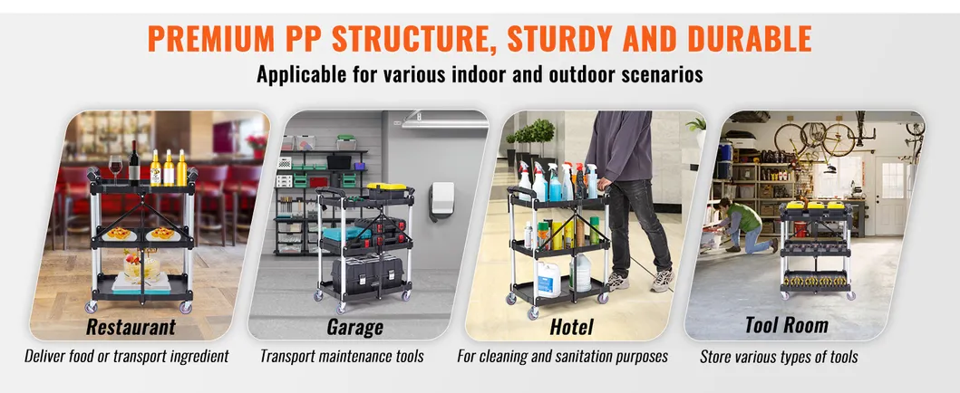 Portable 3-Tier Foldable Service Cart with Wheels Collapsible Design for Hotel & Restaurant Use