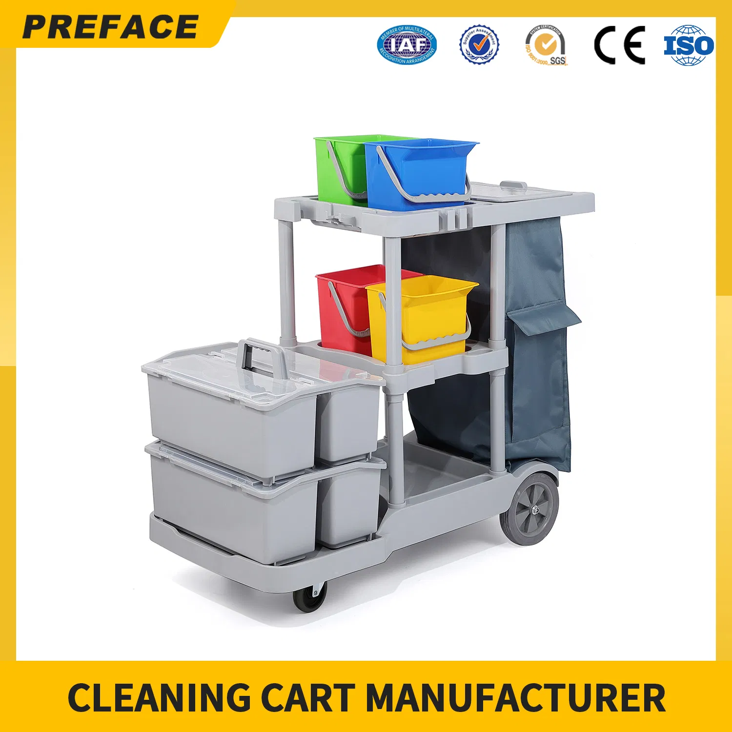 Eco-Friendly Customized High Quality Outdoor Durable Guestroom Hotel Cleaning Service Rolling Janitor Trolley Cart Manufacturer for Sale