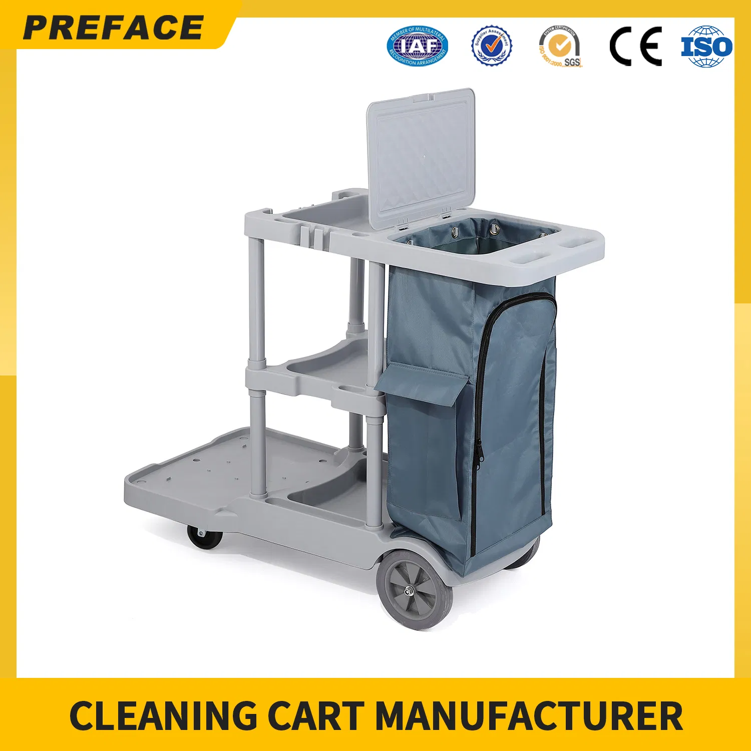 Eco-Friendly Customized High Quality Outdoor Durable Guestroom Hotel Cleaning Service Rolling Janitor Trolley Cart Manufacturer for Sale