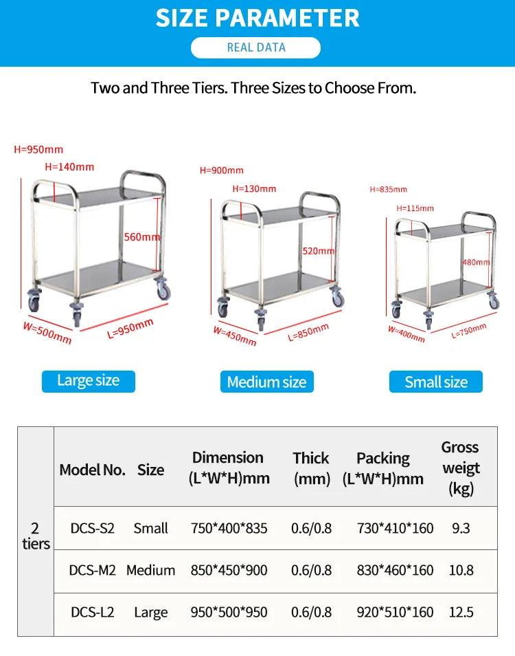 Double Deck Stainless Steel Service Cart Parameters 1