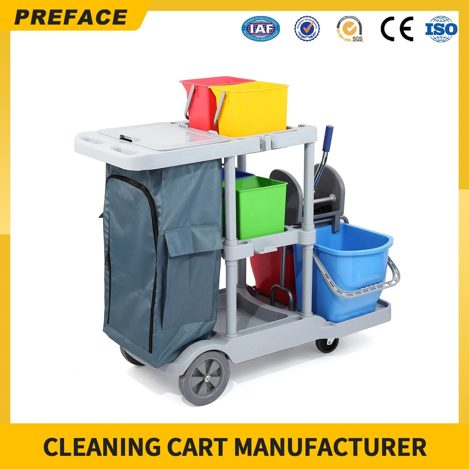 Eco-Friendly Customized High Quality Outdoor Durable Guestroom Hotel Cleaning Service Rolling Janitor Trolley Cart Manufacturer for Sale