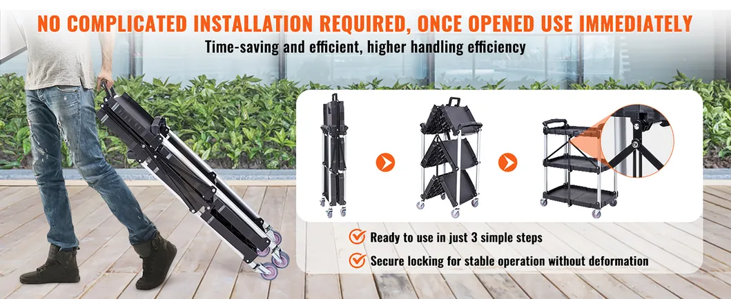 Portable 3-Tier Foldable Service Cart with Wheels Collapsible Design for Hotel & Restaurant Use