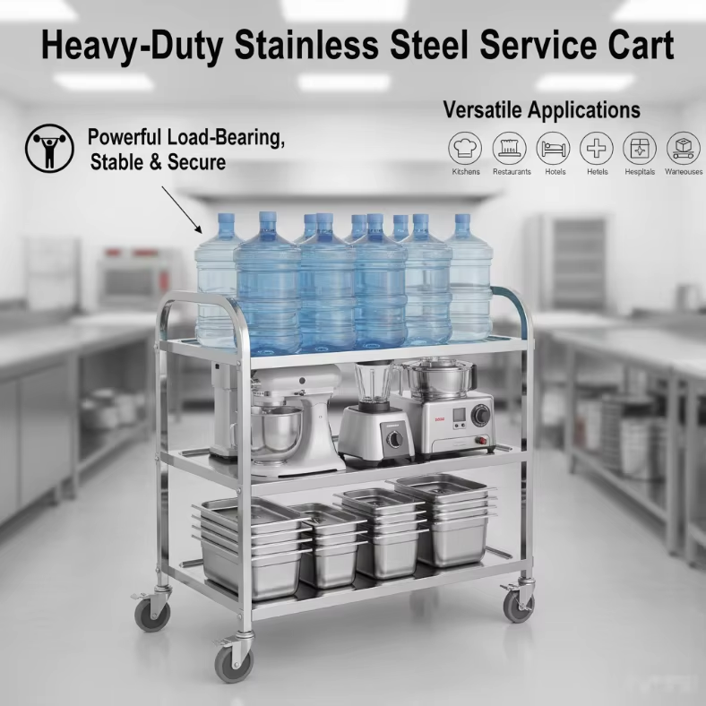 Tailored Stainless Steel Waiter Cart With Multi Tier Trays for Upscale Dining Resorts and Cruise Ship Kitchens