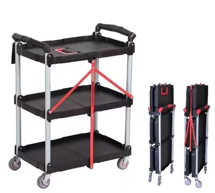 Portable 3-Tier Foldable Service Cart with Wheels Collapsible Design for Hotel &amp; Restaurant Use