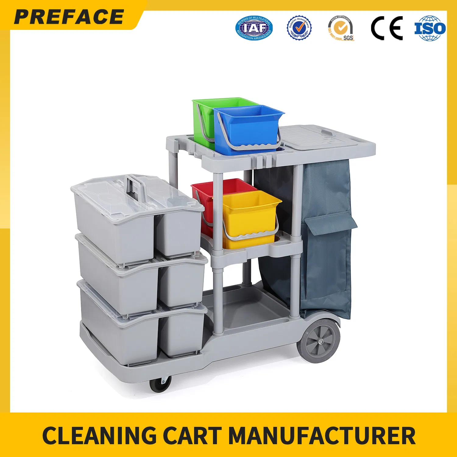 Eco-Friendly Customized High Quality Outdoor Durable Guestroom Hotel Cleaning Service Rolling Janitor Trolley Cart Manufacturer for Sale