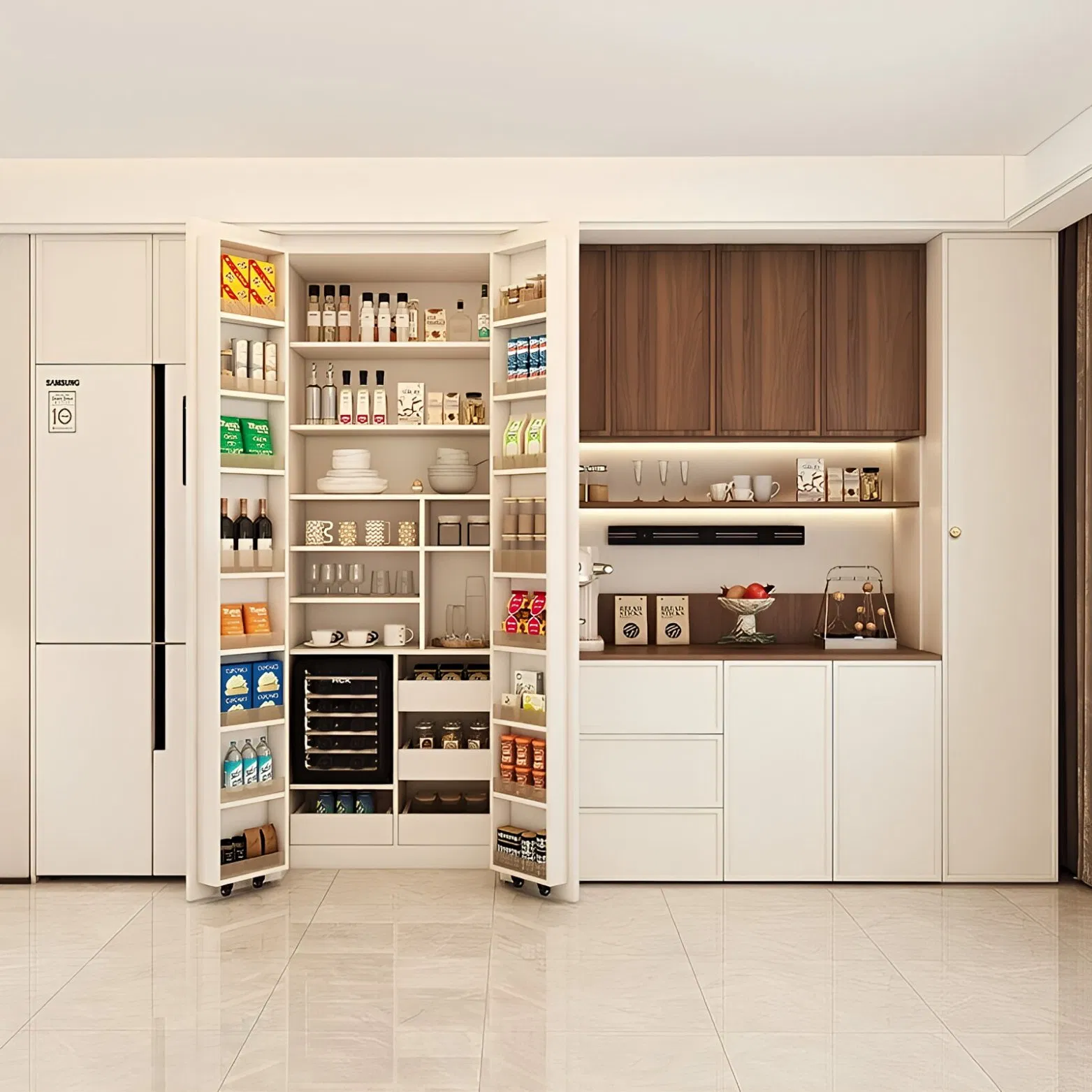 Buffet de Madeira Moderna de Luxo com Exibição, Armário de Armazenamento para Sala de Estar e Jantar, Móveis para Casa, Gaveteiro Moderno para Cozinha