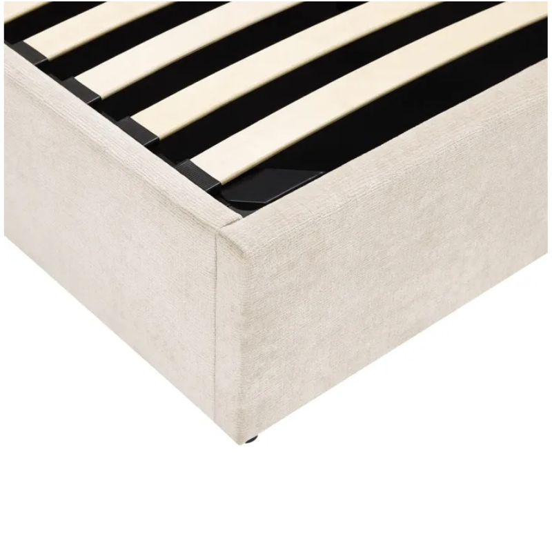 Cama Plataforma com Elevação Hidráulica Estofada Bege, Grande Espaço de Armazenamento Sob a Cama, Cabeceira Almofadada, Cama de Quarto com Estruturas Resistentes