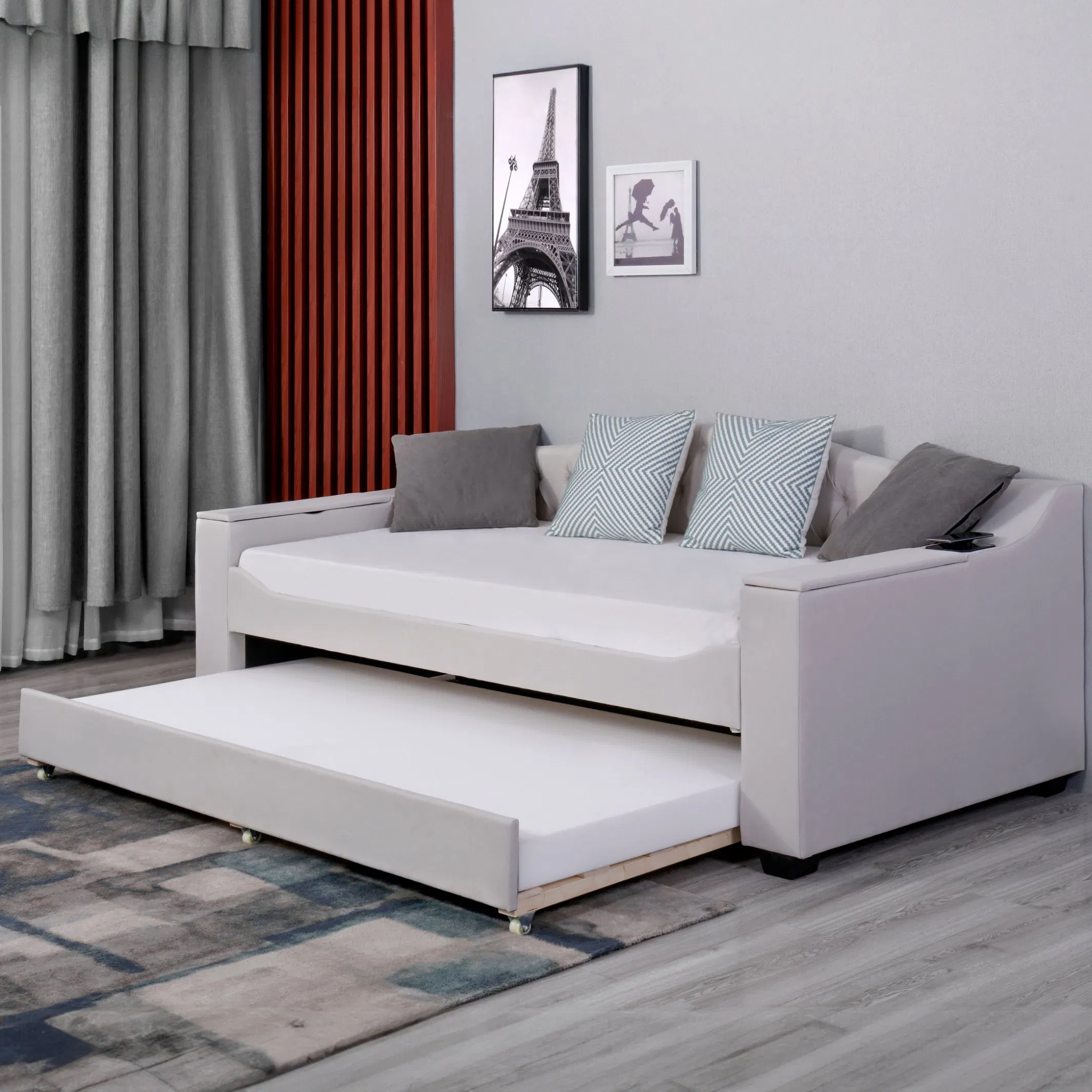 Sofá Chesterfield de madeira com armazenamento personalizado Huayang, designs dobráveis, OEM, carregamento sem fio com porta de carregamento