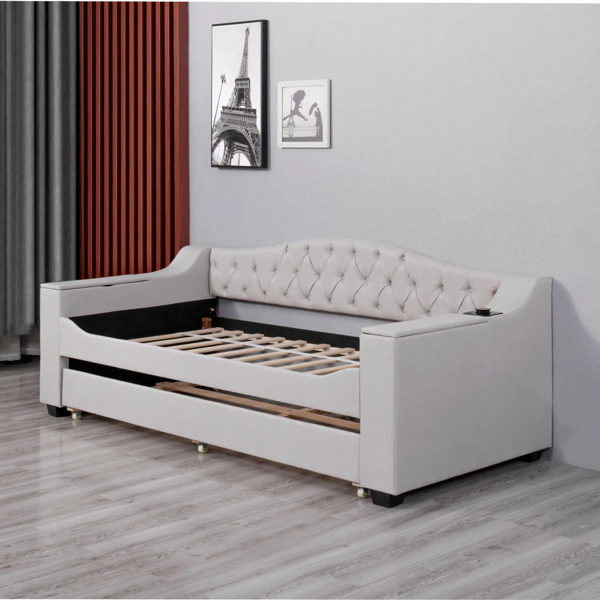 Sofá Chesterfield de madeira com armazenamento personalizado Huayang, designs dobráveis, OEM, carregamento sem fio com porta de carregamento
