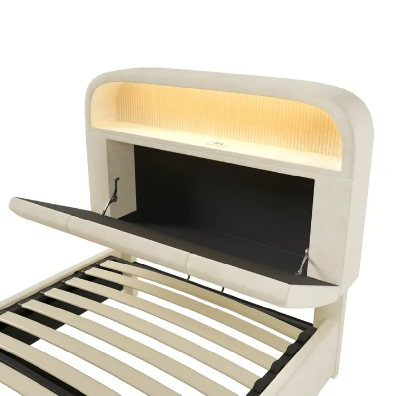 Cama Plataforma Estofada em Tecido Bege Funcional com LED Ambiente, Cama de Armazenamento Oculta e Dobrável para Vida Urbana