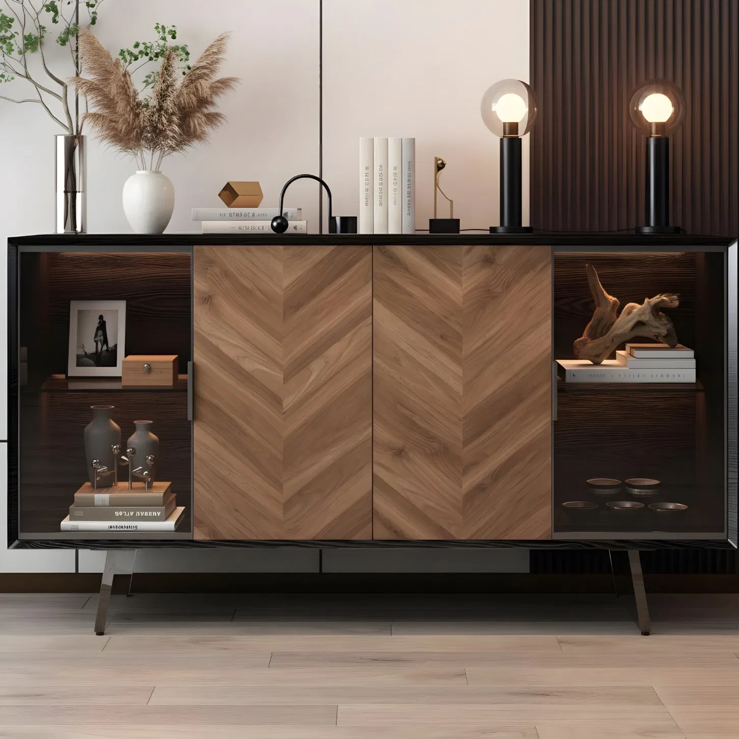 Buffet de Madeira Moderna, Armário Credenza, Móvel de Armazenamento para Área de Jantar
