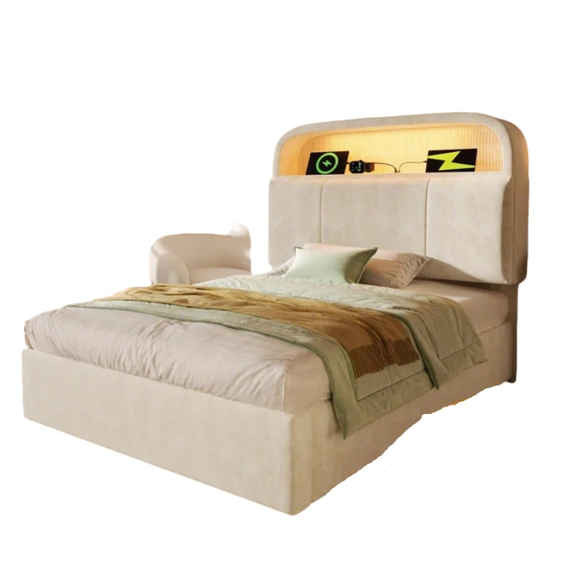 Cama Plataforma Estofada em Tecido Bege Funcional com LED Ambiente, Cama de Armazenamento Oculta e Dobrável para Vida Urbana