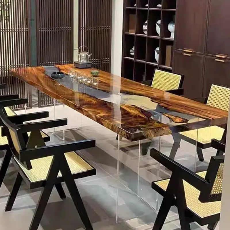Mesa de Epóxi Personalizada de Fábrica OEM Mesa de Rio de Madeira Mobiliário Feito em Madeira e Epóxi Transparente Redonda Retangular 5cm Mesa de Jantar Transparente