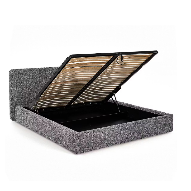 Cama de Quarto Estilosa Cama Contemporânea com Levantamento Cama Estofada em Tecido Boucle Cinza Cama com Espaço de Armazenamento Oculto Estrutura de Baixa Profundidade Cama Plataforma