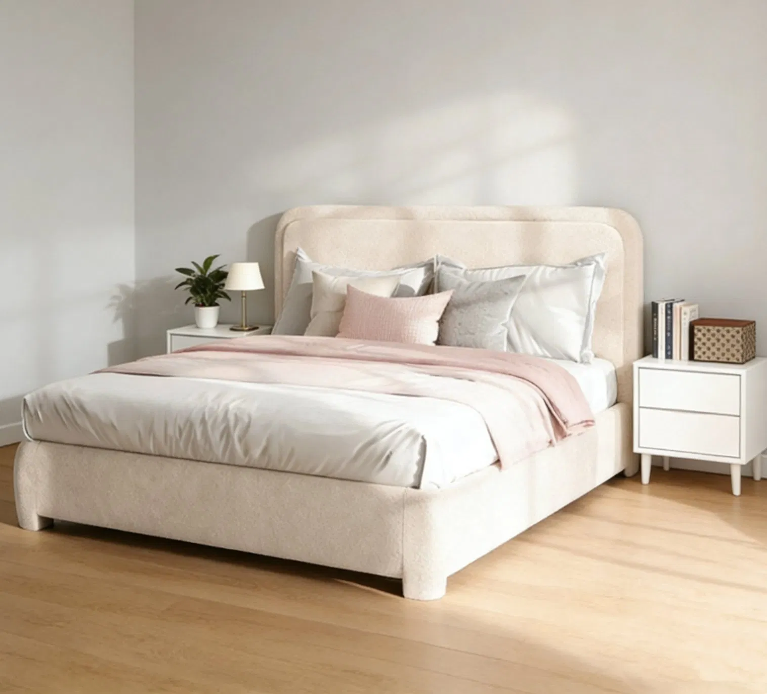 Cama com Estofado em Bucle Multicolorido, Cabeceira Moderna e Macia, Cama Plataforma