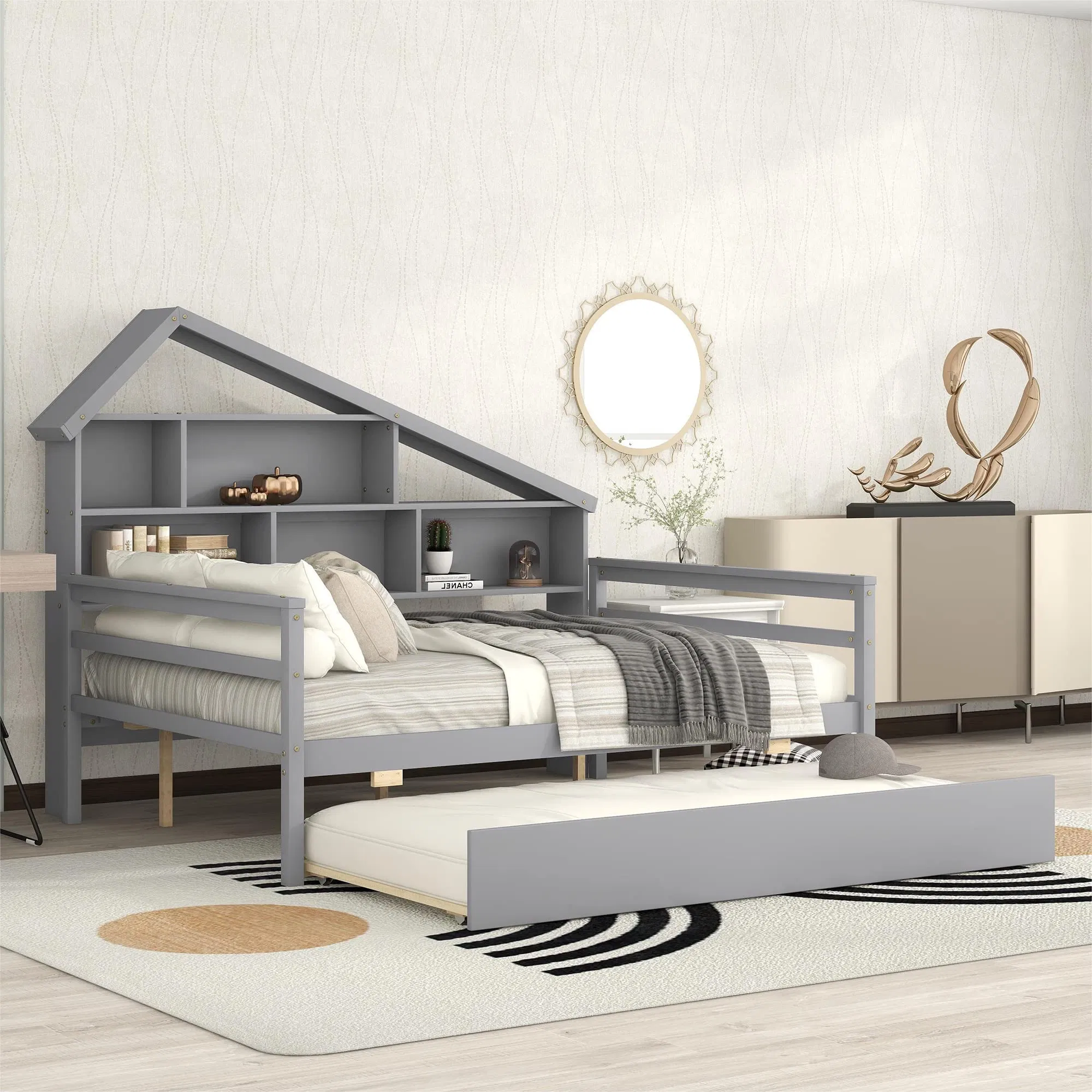 Cama de Plataforma Dupla em Couro PU com Cabeceira em Forma de Orelhas de Carton