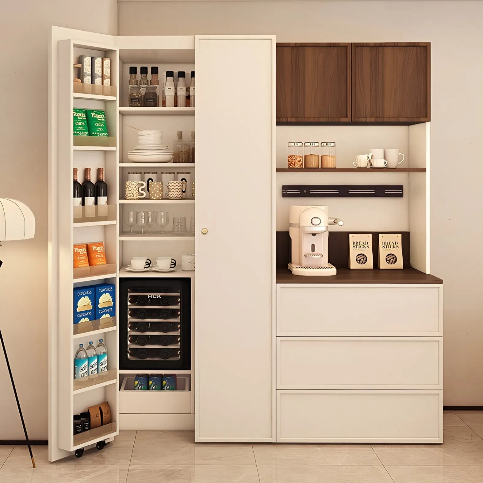 Buffet de Madeira Moderna de Luxo com Exibição, Armário de Armazenamento para Sala de Estar e Jantar, Móveis para Casa, Gaveteiro Moderno para Cozinha
