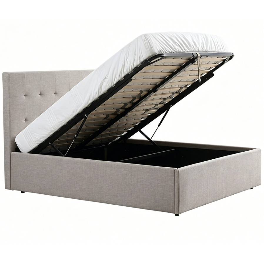 Plataforma de Cama Estofada com Pistão a Gás Cama King Size com Estrutura Dobrável Cama com Armazenamento em Container para Colchão
